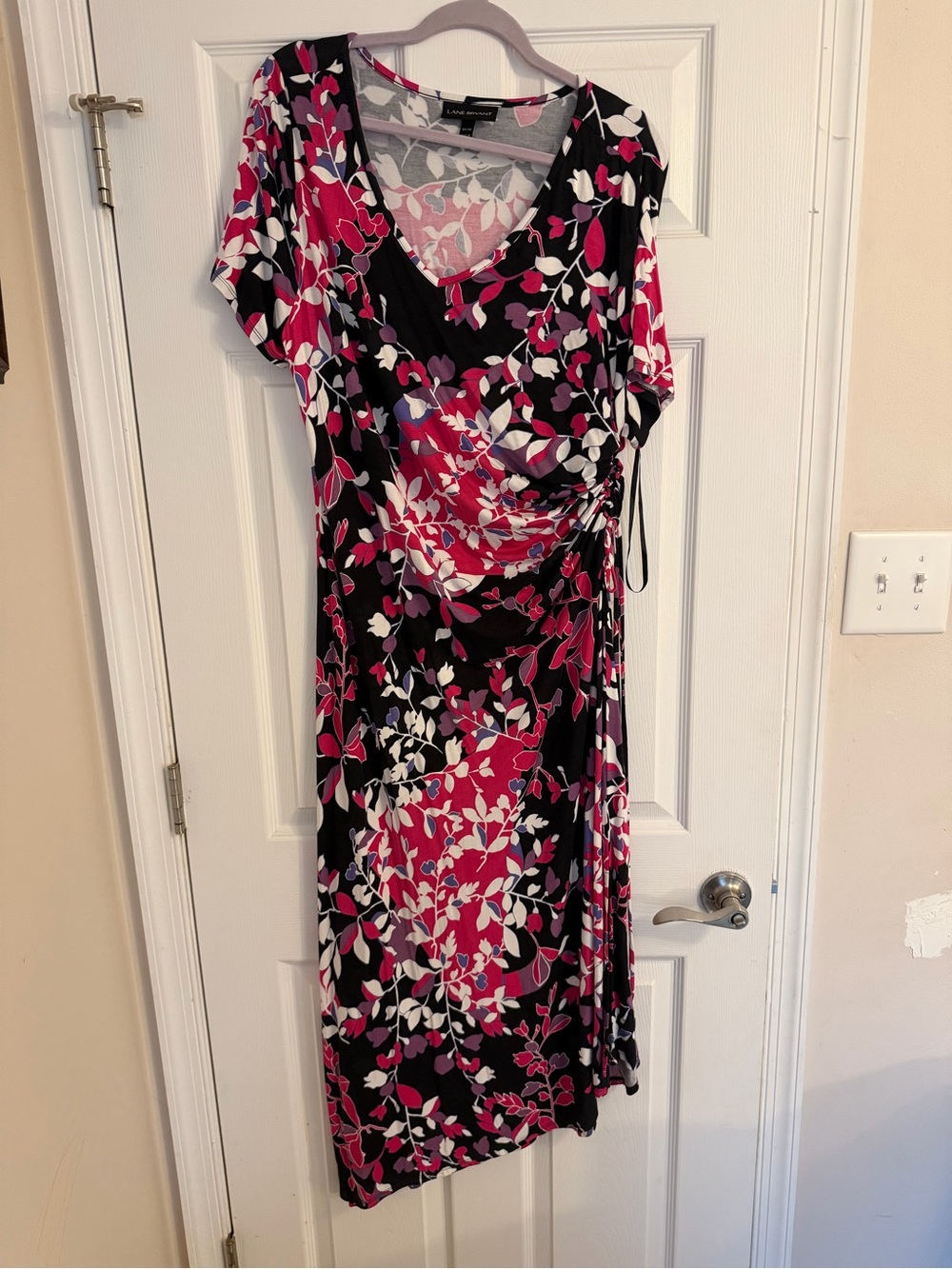 Lane Bryant Black Floral Midi Wrap Dress with Pink & White Accents